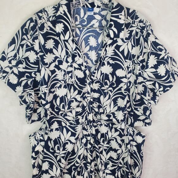 Old Navy Waist-Defined Midi Shirt Dress Navy Blue White Floral Cotton Sz XXL - Picture 5 of 14